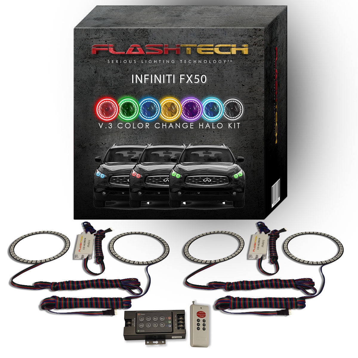 Infiniti-FX50-2009, 2010, 2011, 2012-LED-Halo-Headlights-RGB-IR Remote-IN-FX500912-V3HIR