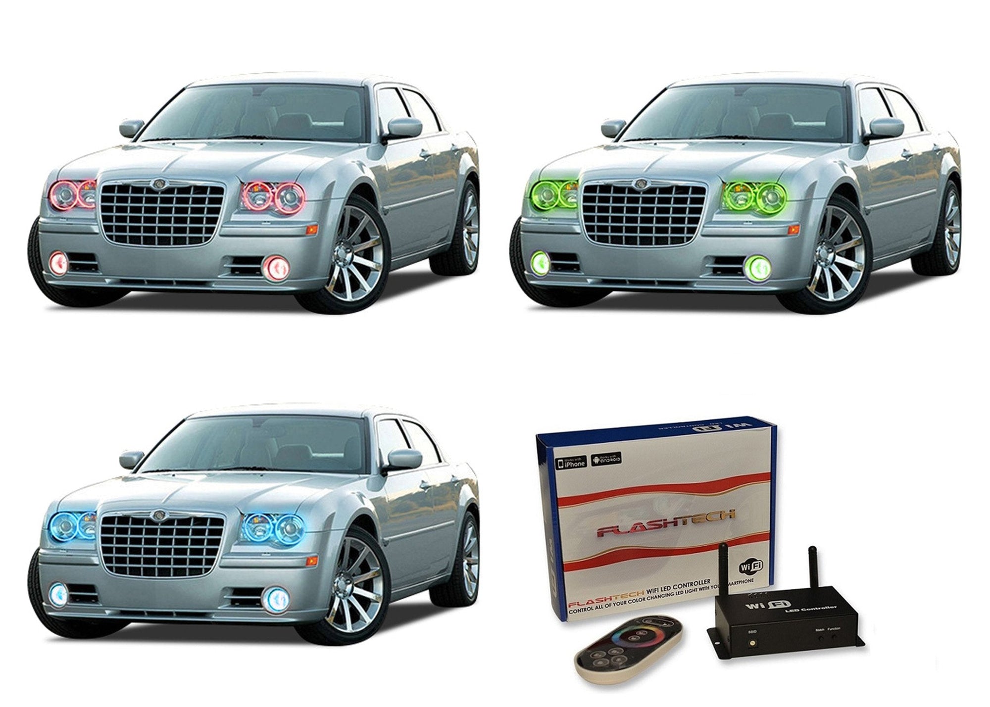 Chrysler-300-2005, 2006, 2007, 2008, 2009, 2010-LED-Halo-Headlights and Fog Lights-RGB-WiFi Remote-CH-30C0510-V3HFWI