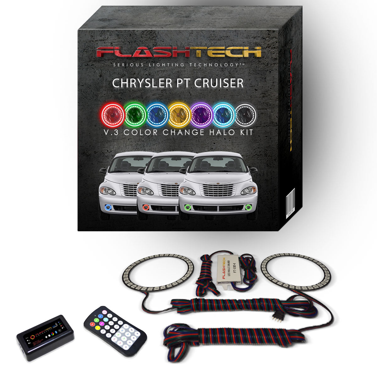 Chrysler-PT Cruiser-2006, 2007, 2008, 2009, 2010-LED-Halo-Fog Lights-RGB-Bluetooth RF Remote-CH-PT0610-V3FBTRF
