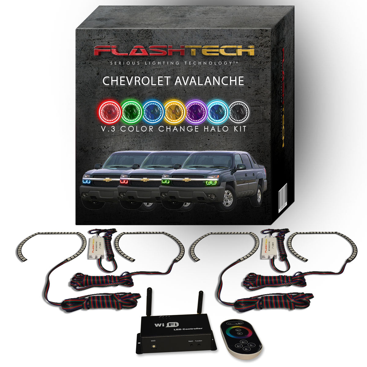 Chevrolet-Avalanche-2003, 2004, 2005, 2006-LED-Halo-Headlights-RGB-IR Remote-CY-AVC0306-V3HIR