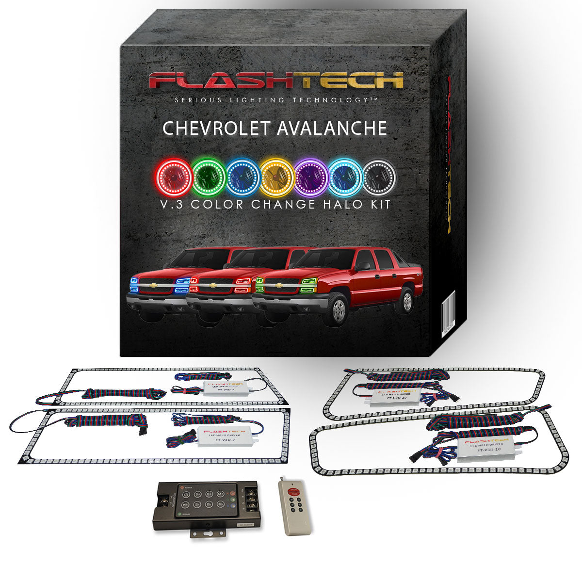 Chevrolet-Avalanche-2003, 2004, 2005, 2006-LED-Halo-Headlights-RGB-IR Remote-CY-AVNC0306-V3HIR