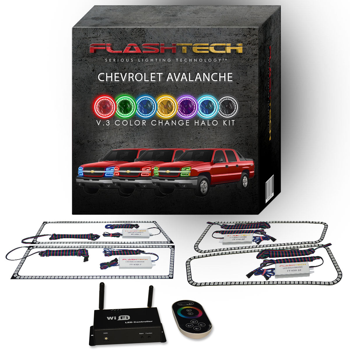 Chevrolet-Avalanche-2003, 2004, 2005, 2006-LED-Halo-Headlights-RGB-IR Remote-CY-AVNC0306-V3HIR