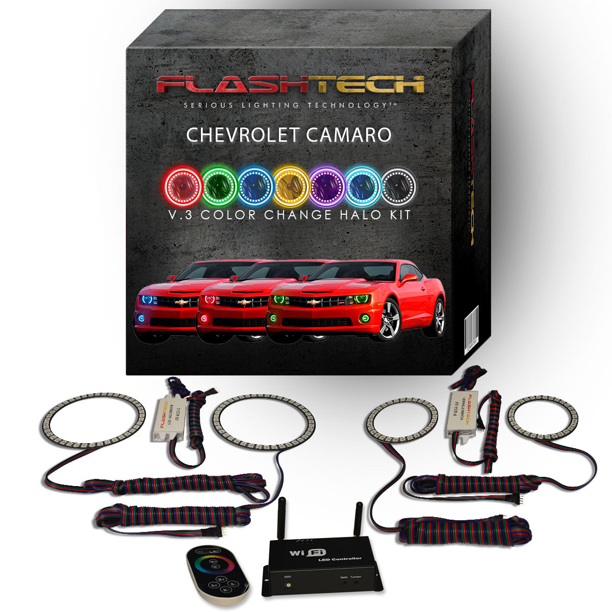 Chevrolet-Camaro-2010, 2011, 2012, 2013-LED-Halo-Headlights and Fog Lights-RGB-Bluetooth RF Remote-CY-CANR1013-V3HFBTRF