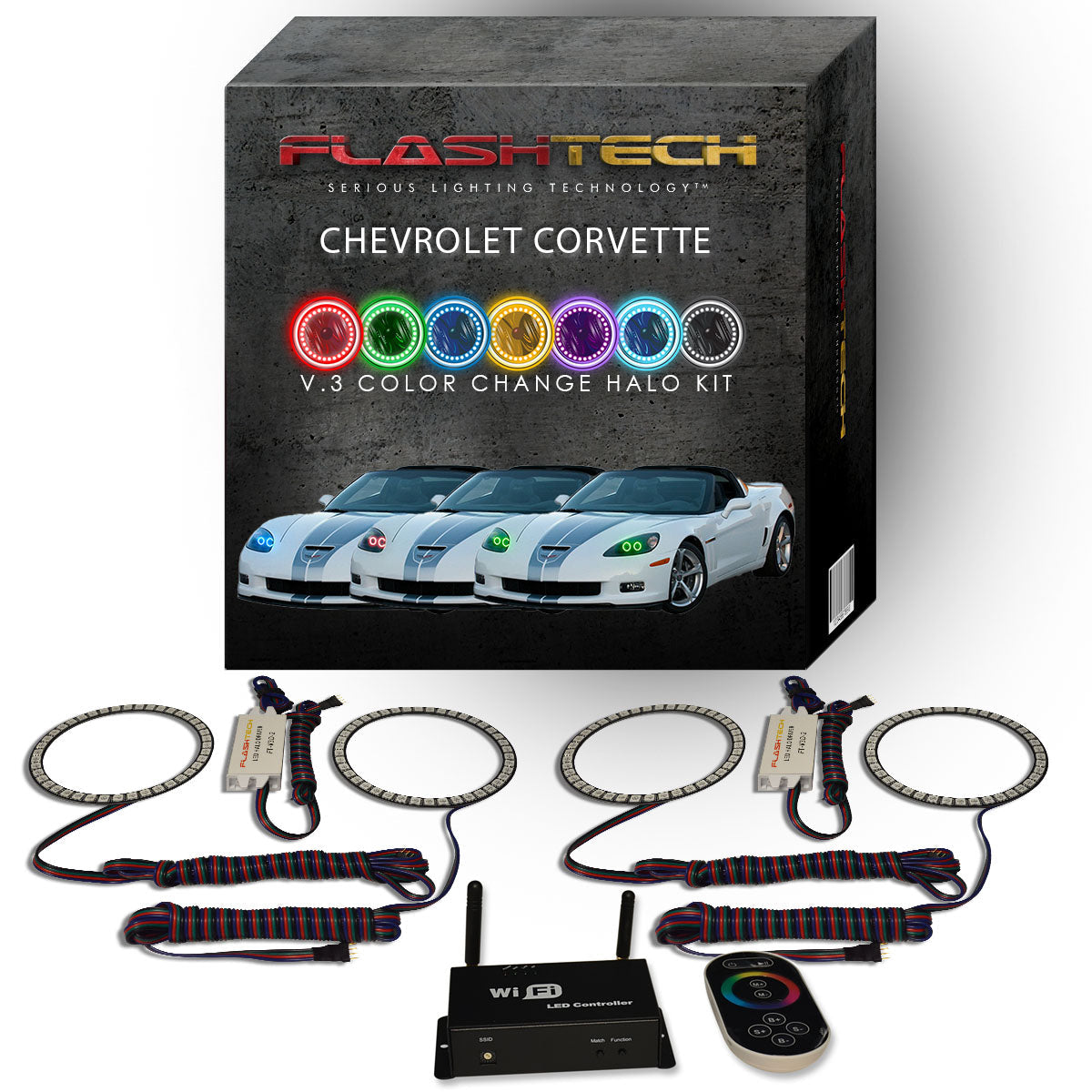 Chevrolet-Corvette-2005, 2006, 2007, 2008, 2009, 2010, 2011, 2012, 2013-LED-Halo-Headlights-RGB-IR Remote-CY-CV0513-V3HIR