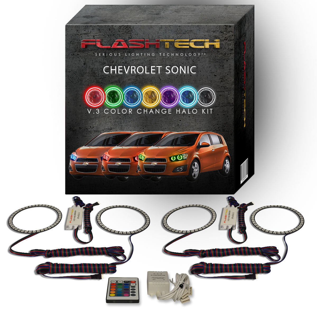 Chevrolet-Sonic-2012, 2013, 2014, 2015, 2016-LED-Halo-Headlights-RGB-Bluetooth RF Remote-CY-SO1216-V3HBTRF