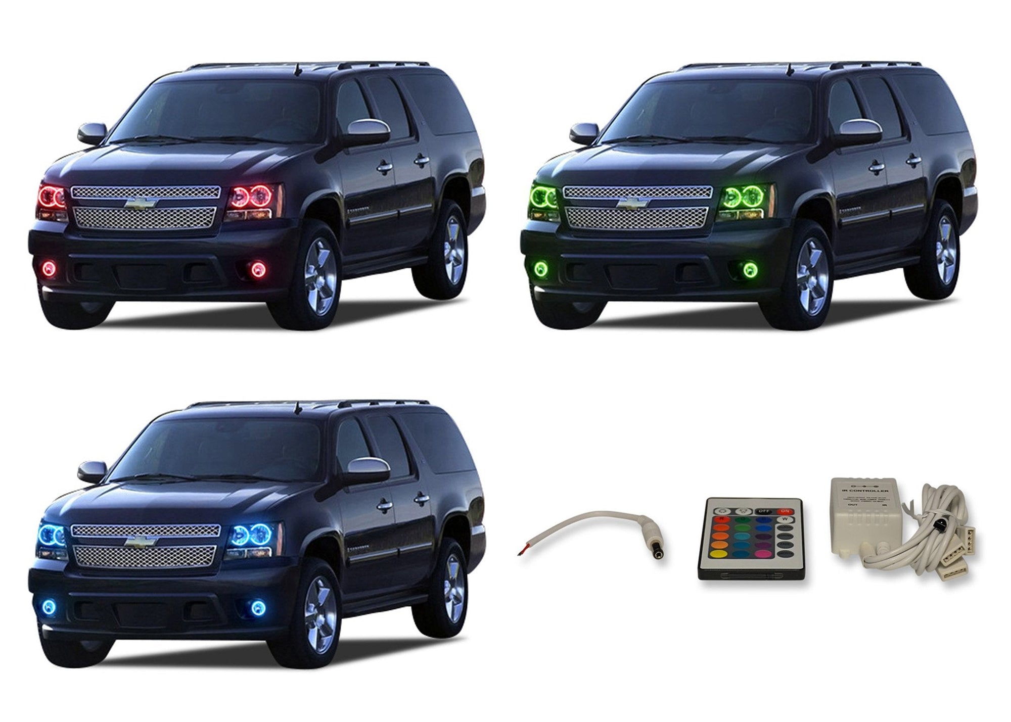 Chevrolet-Suburban-2007, 2008, 2009, 2010, 2011, 2012, 2013-LED-Halo-Headlights and Fog Lights-RGB-IR Remote-CY-SU0713-V3HFIR