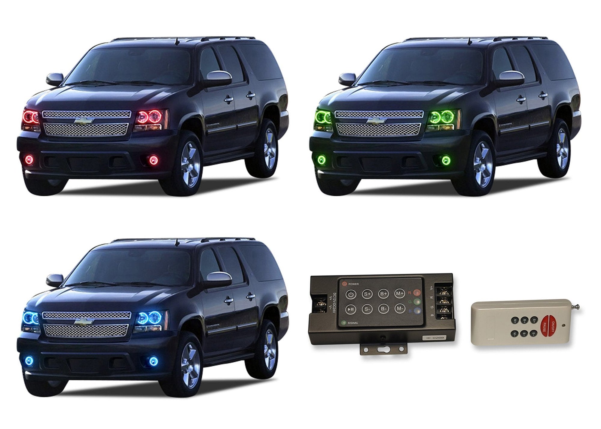 Chevrolet-Suburban-2007, 2008, 2009, 2010, 2011, 2012, 2013-LED-Halo-Headlights and Fog Lights-RGB-RF Remote-CY-SU0713-V3HFRF