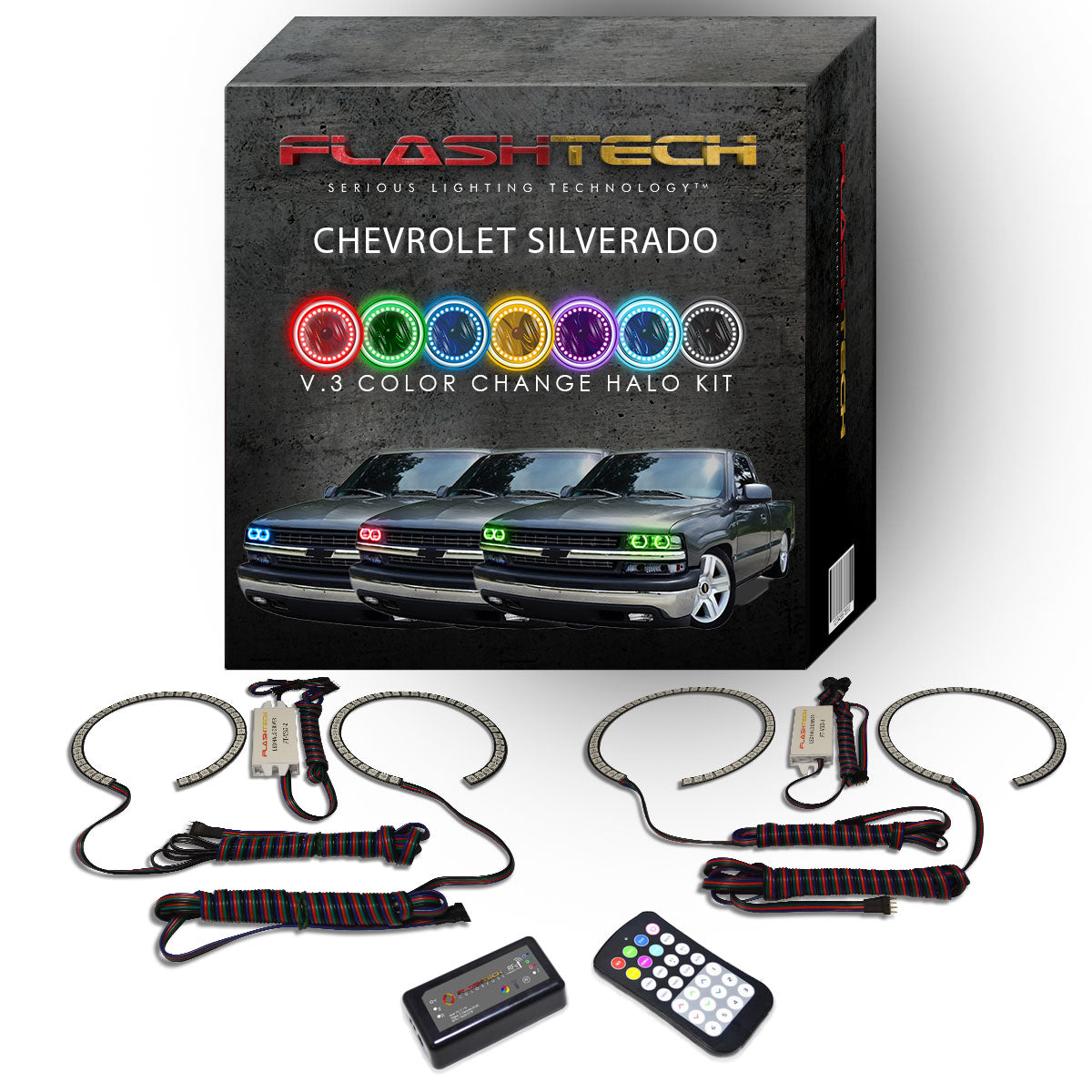 Chevrolet-Silverado-1999, 2000, 2001, 2002-LED-Halo-Headlights-RGB-Bluetooth RF Remote-CY-SV9802-V3HBTRF