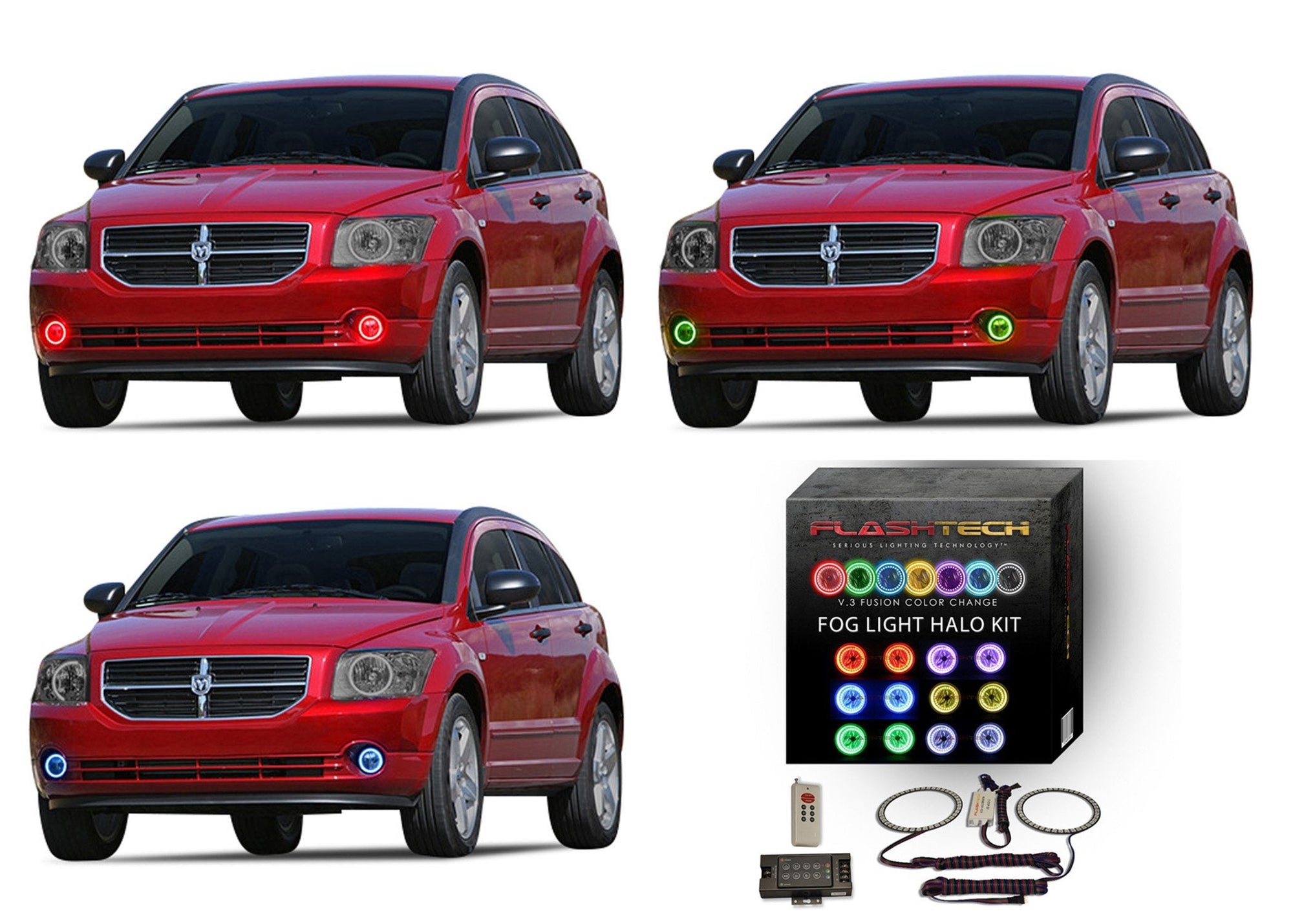 Dodge-Caliber-2007, 2008, 2009, 2010, 2011, 2012-LED-Halo-Fog Lights-RGB-RF Remote-DO-CB0712-V3FRF