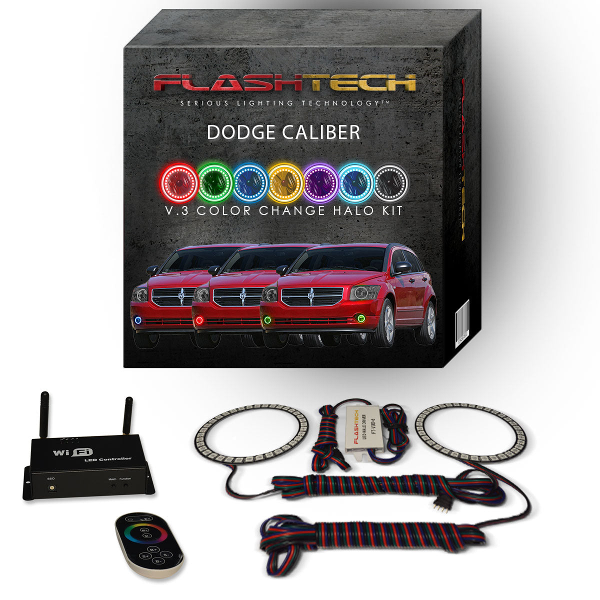 Dodge-Caliber-2007, 2008, 2009, 2010, 2011, 2012-LED-Halo-Fog Lights-RGB-Bluetooth RF Remote-DO-CB0712-V3FBTRF