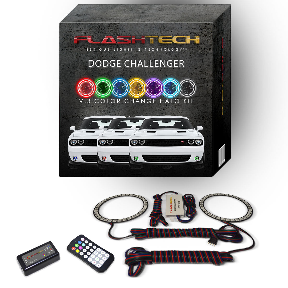 Dodge-Challenger-2015, 2016, 2017, 2018, 2019-LED-Halo-Fog Lights-RGB-Bluetooth RF Remote-DO-CL01519-V3FBTRF-WPE