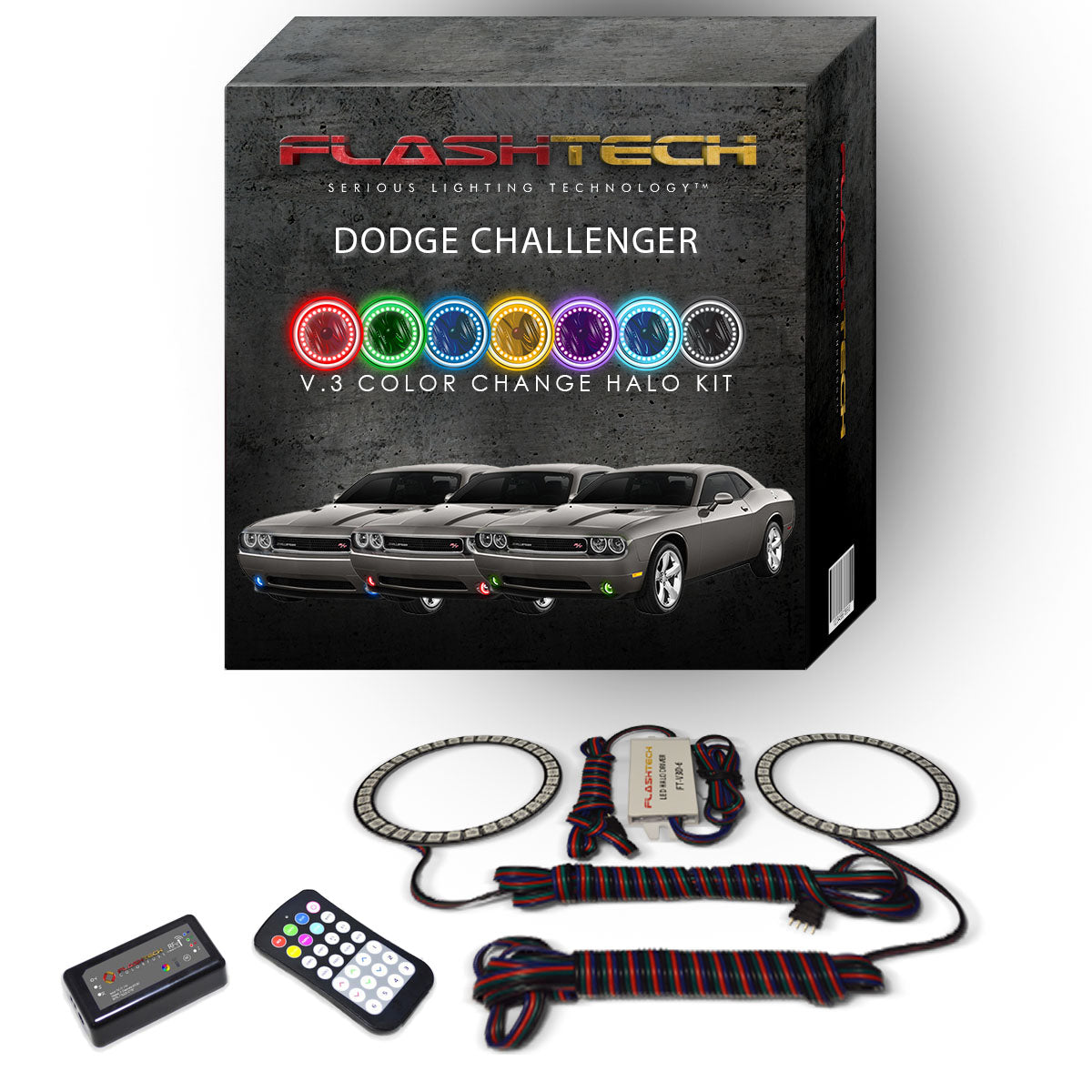 Dodge-Challenger-2008, 2009, 2010, 2011, 2012, 2013-LED-Halo-Fog Lights-RGB-Bluetooth RF Remote-DO-CL0814-V3FBTRF