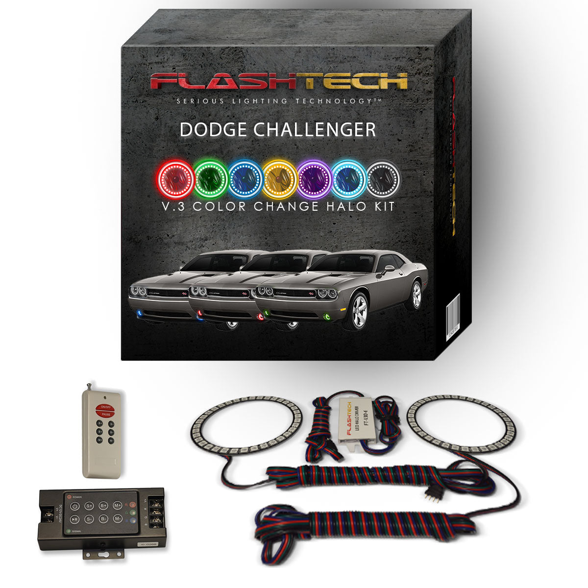 Dodge-Challenger-2008, 2009, 2010, 2011, 2012, 2013-LED-Halo-Fog Lights-RGB-Bluetooth RF Remote-DO-CL0814-V3FBTRF