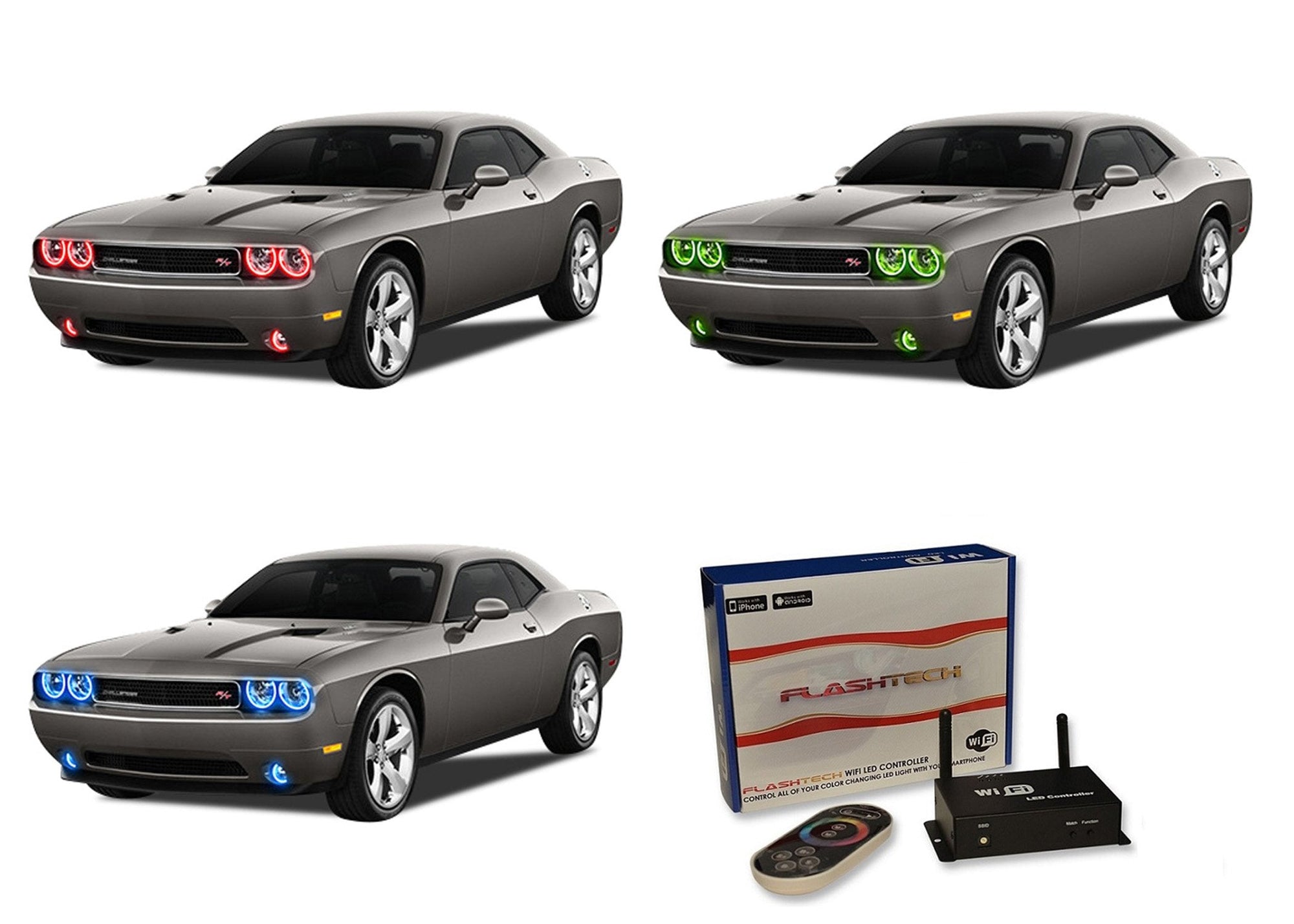 Dodge-Challenger-2008, 2009, 2010, 2011, 2012, 2013-LED-Halo-Headlights and Fog Lights-RGB-WiFi Remote-DO-CLNP0814-V3HFWI
