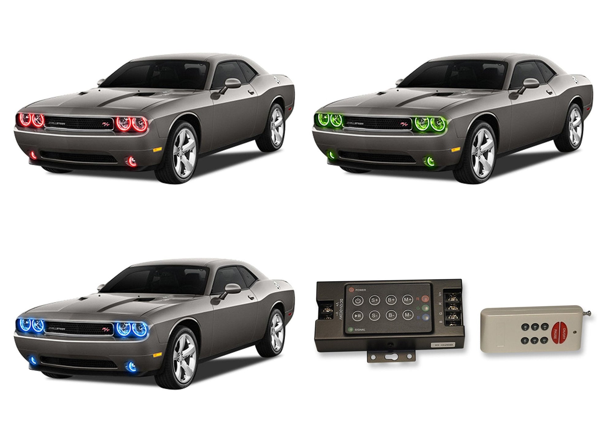 Dodge-Challenger-2008, 2009, 2010, 2011, 2012, 2013-LED-Halo-Headlights and Fog Lights-RGB-RF Remote-DO-CLP0814-V3HFRF