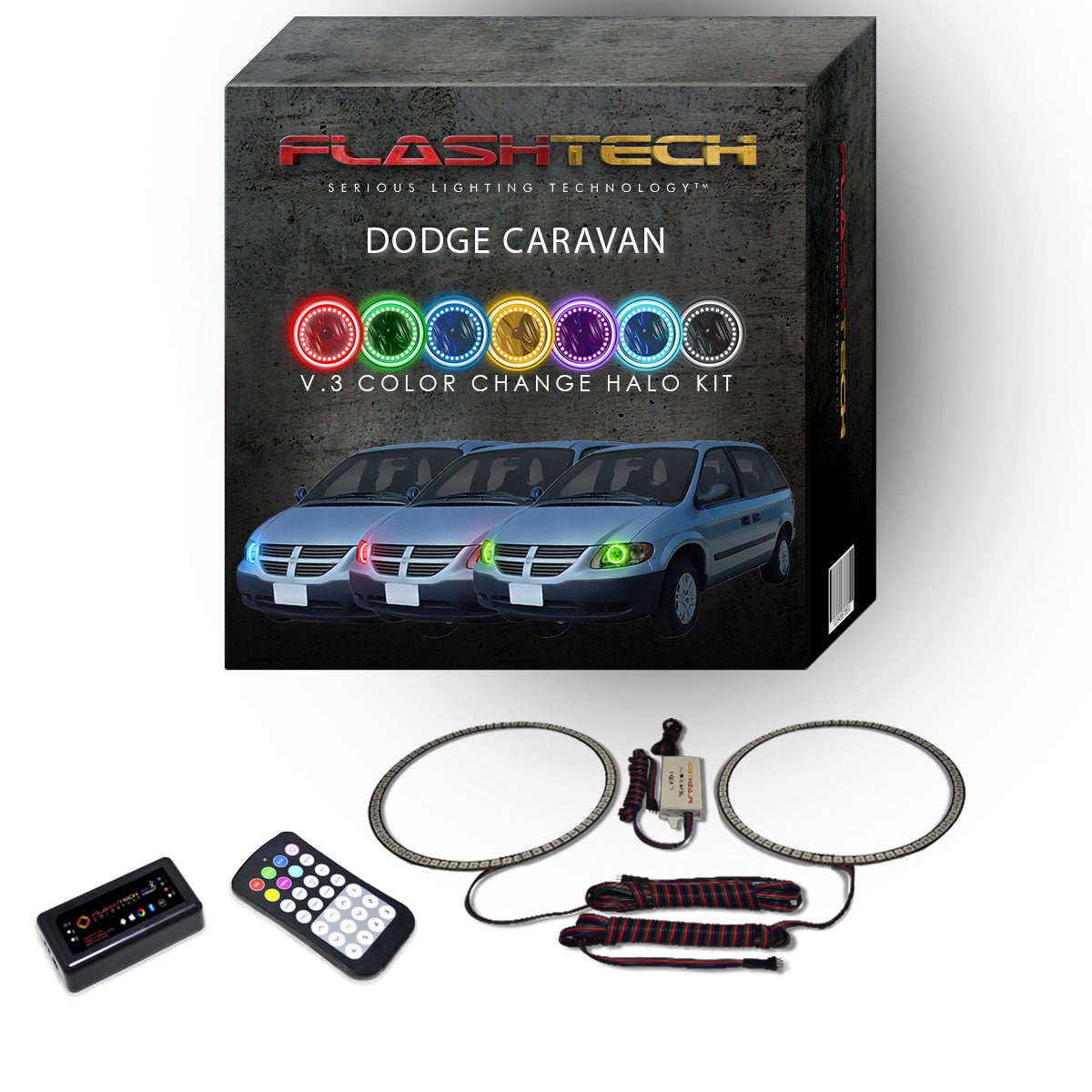 Dodge-Caravan-2001, 2002, 2003, 2004, 2005, 2006, 2007-LED-Halo-Headlights-RGB-RF Remote-DO-CV0107-V3HRF