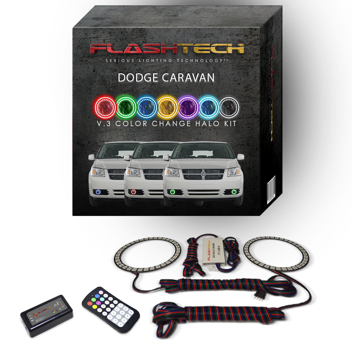 Dodge-Caravan-2005, 2006, 2007, 2008, 2009-LED-Halo-Fog Lights-RGB-Bluetooth RF Remote-DO-CV0509-V3FBTRF