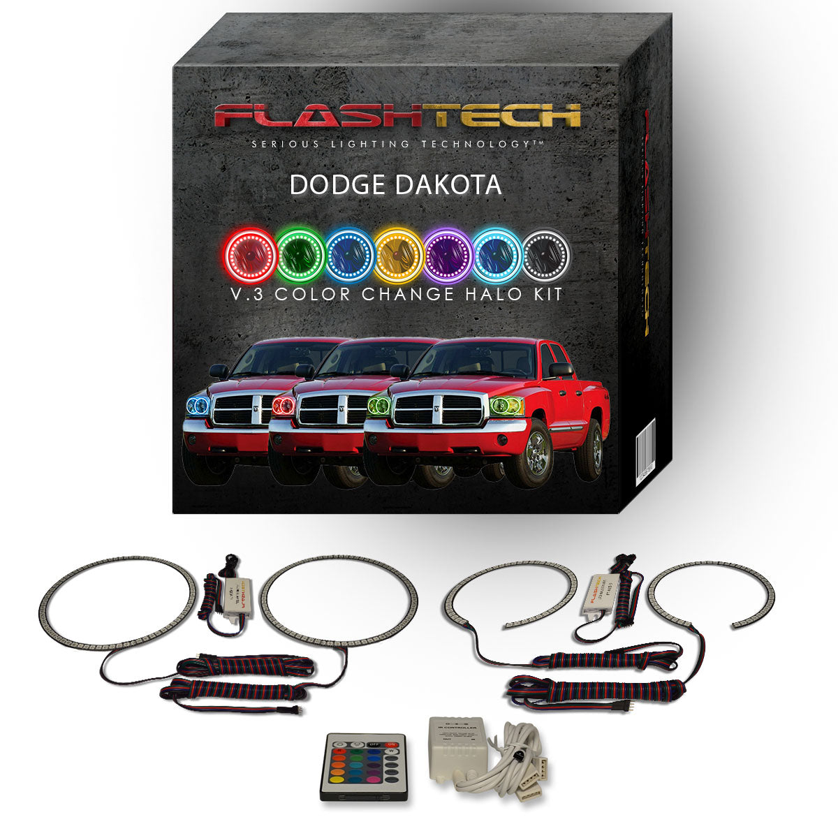 Dodge-Dakota-2005, 2006, 2007-LED-Halo-Headlights-RGB-Bluetooth RF Remote-DO-DK0507-V3HBTRF