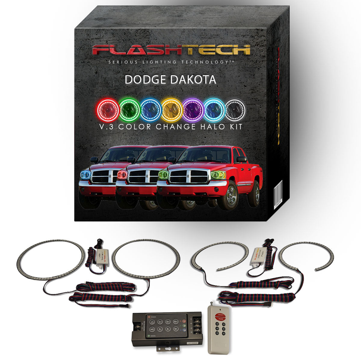 Dodge-Dakota-2005, 2006, 2007-LED-Halo-Headlights-RGB-IR Remote-DO-DK0507-V3HIR