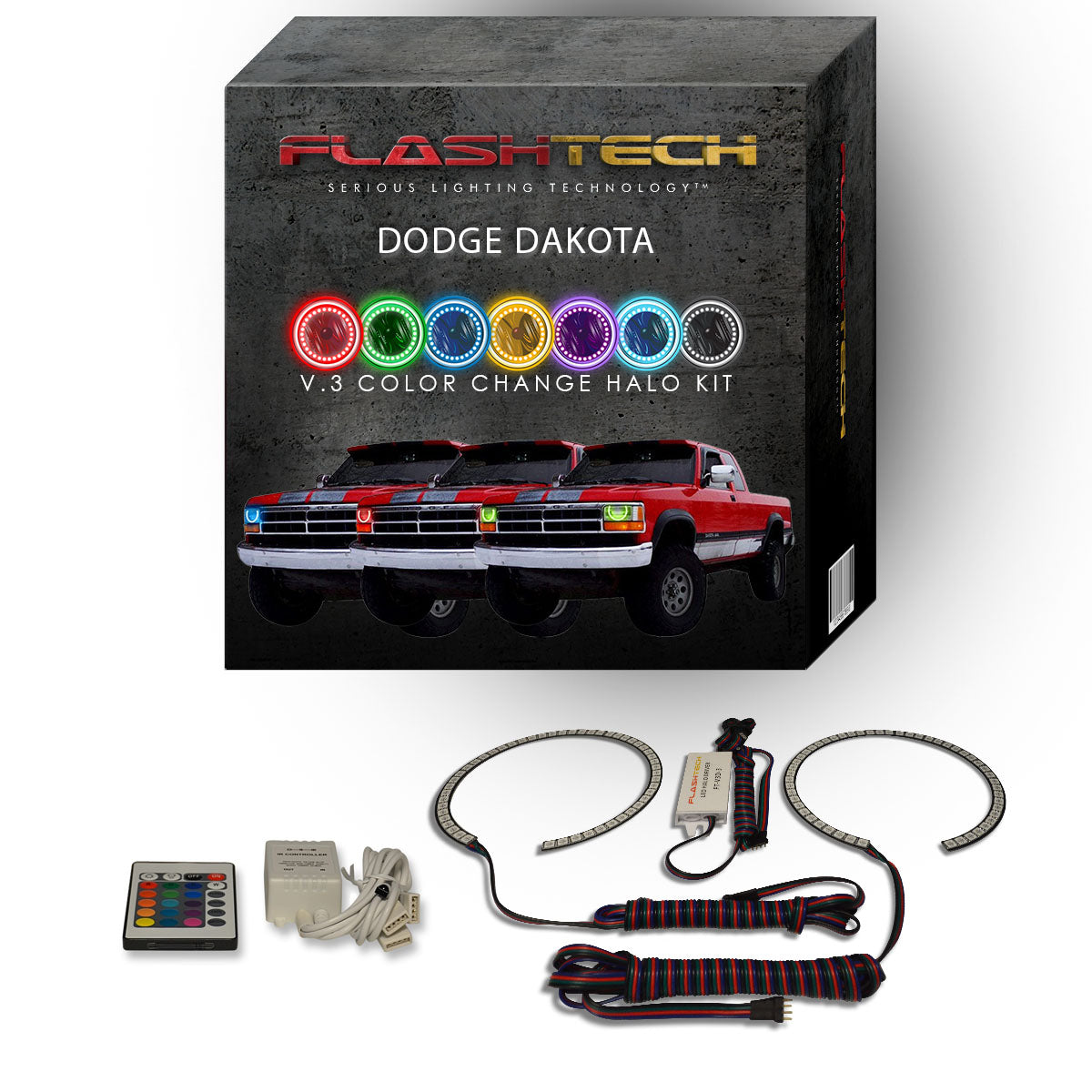 Dodge-Dakota-1991, 1992, 1993, 1994, 1995, 1996-LED-Halo-Headlights-RGB-Bluetooth RF Remote-DO-DK9196-V3HBTRF