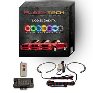 Dodge-Dakota-1997, 1998, 1999, 2000, 2001, 2002, 2003, 2004-LED-Halo-Headlights-RGB-IR Remote-DO-DK9704-V3HIR