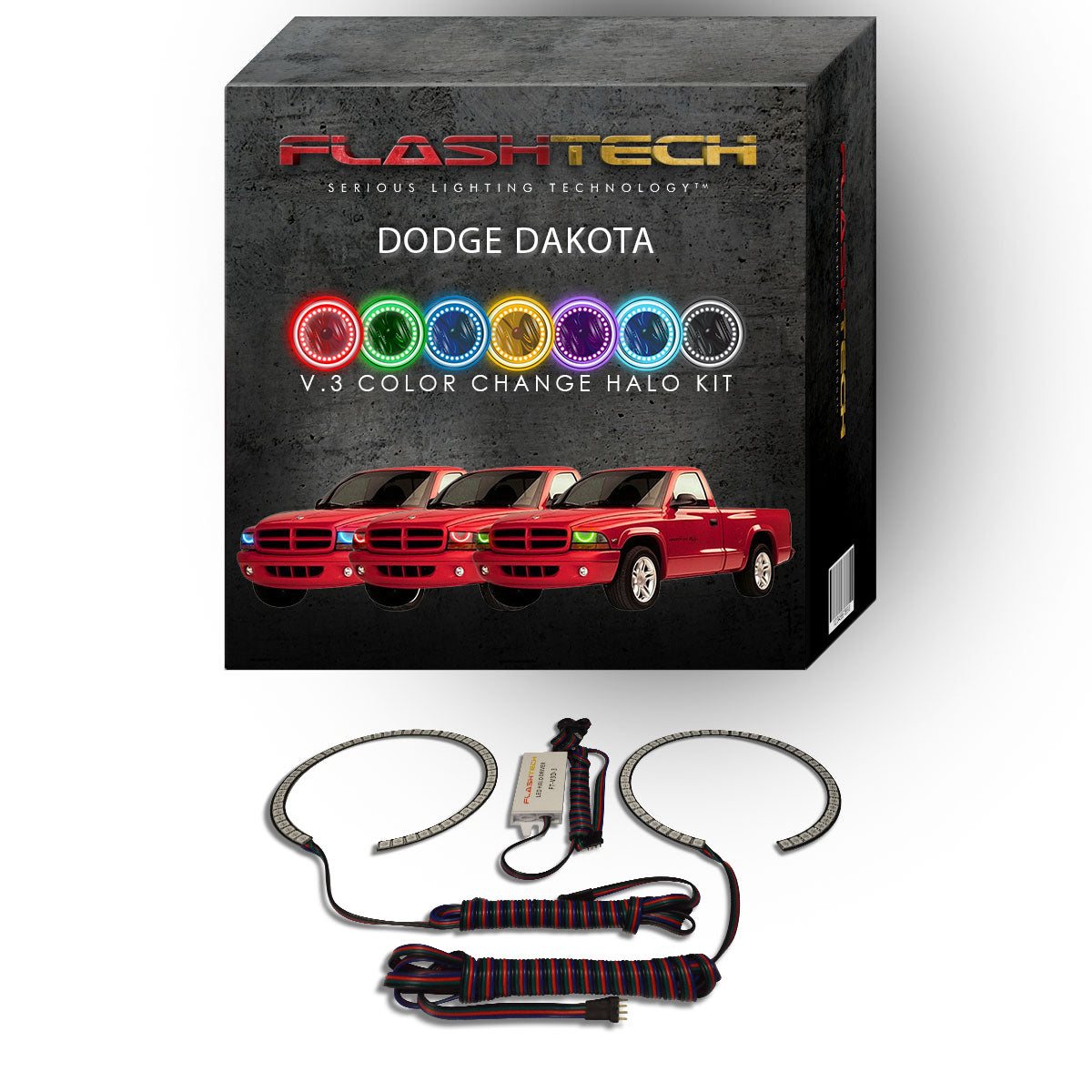 Dodge-Dakota-1997, 1998, 1999, 2000, 2001, 2002, 2003, 2004-LED-Halo-Headlights-RGB-No Remote-DO-DK9704-V3H