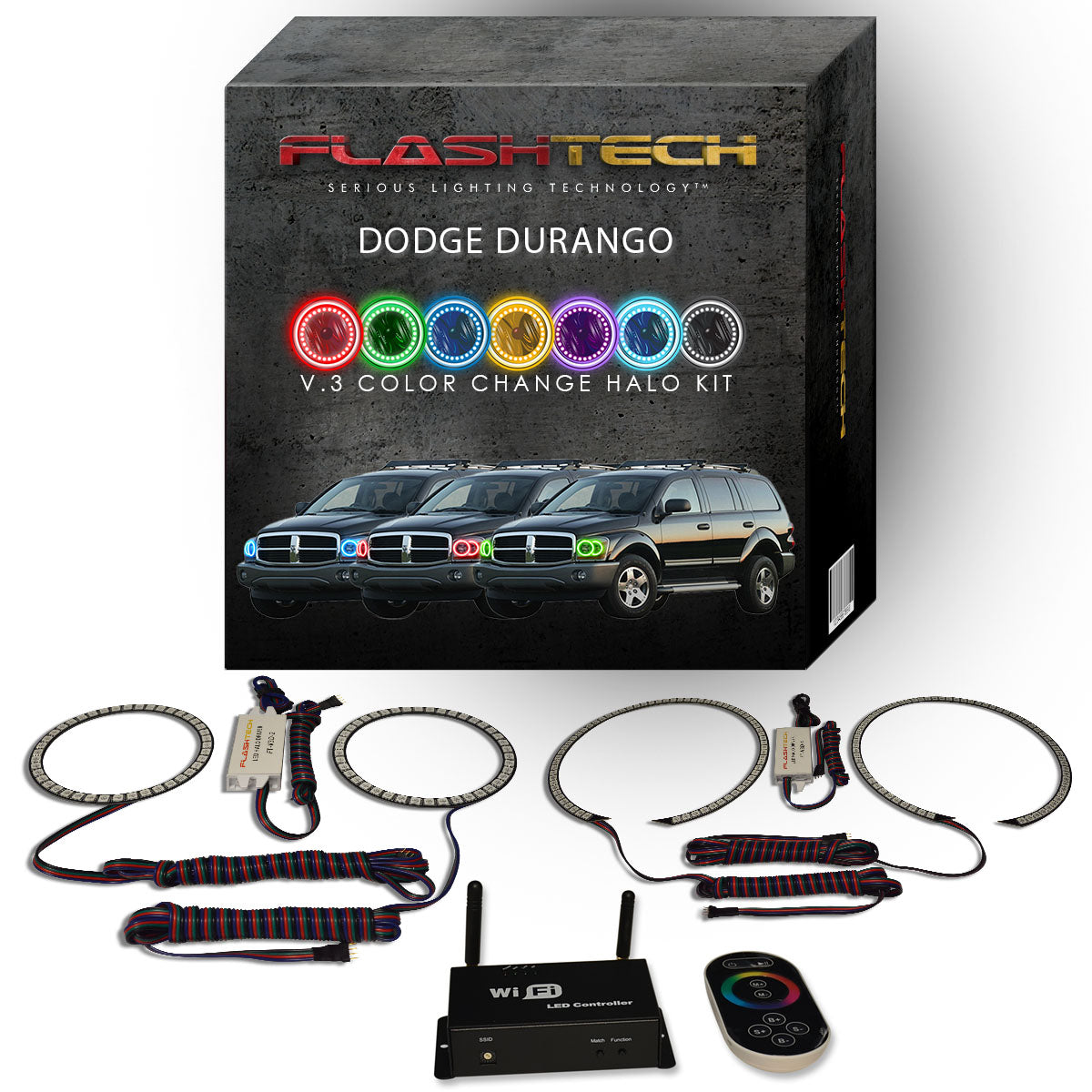 Dodge-Durango-2004, 2005, 2006-LED-Halo-Headlights-RGB-IR Remote-DO-DU0406-V3HIR