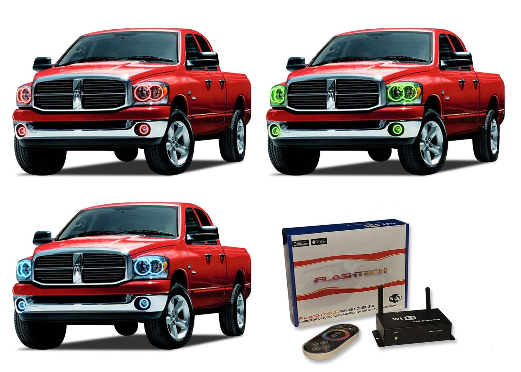 Dodge-Ram 1500-2006, 2007, 2008-LED-Halo-Headlights and Fog Lights-RGB-WiFi Remote-DO-RM0608-V3HFWI