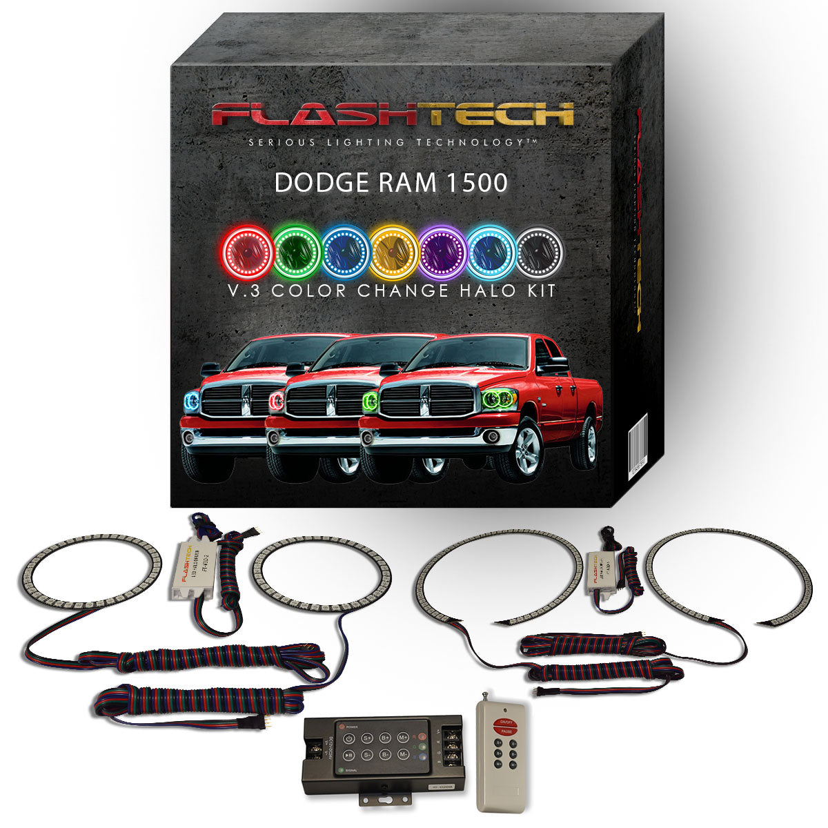 Dodge-Ram 1500-2006, 2007, 2008-LED-Halo-Headlights-RGB-Bluetooth RF Remote-DO-RM0608-V3HBTRF