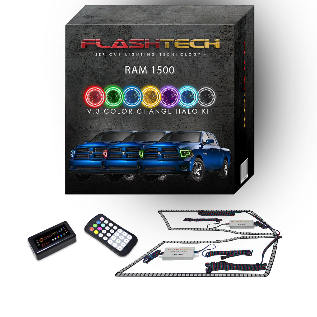 Ram-1500-2009, 2010, 2011, 2012, 2013, 2014-LED-Halo-Headlights-RGB-RF Remote-DO-RM0914-V3HRF