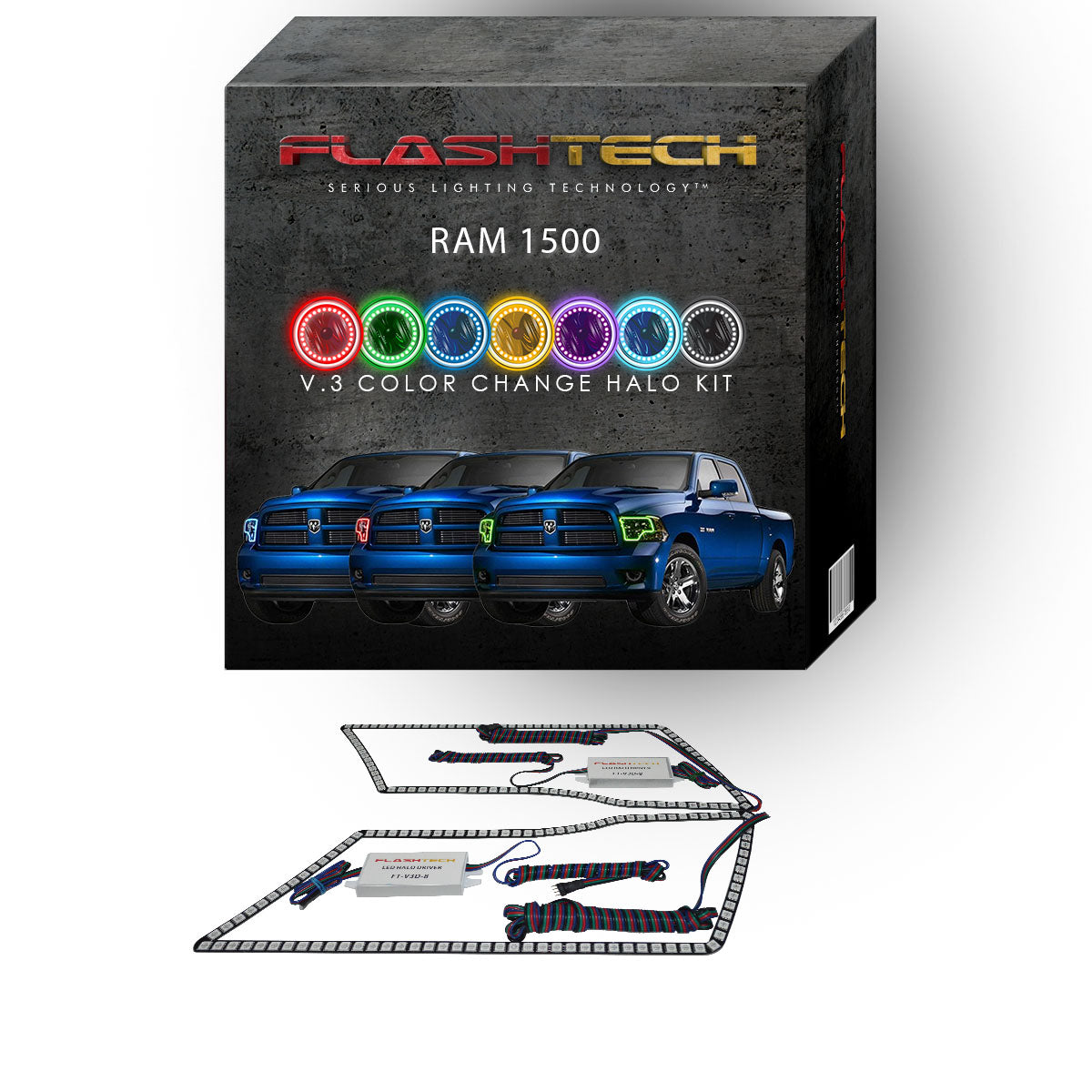 Ram-1500-2009, 2010, 2011, 2012, 2013, 2014-LED-Halo-Headlights-RGB-No Remote-DO-RM0914-V3H