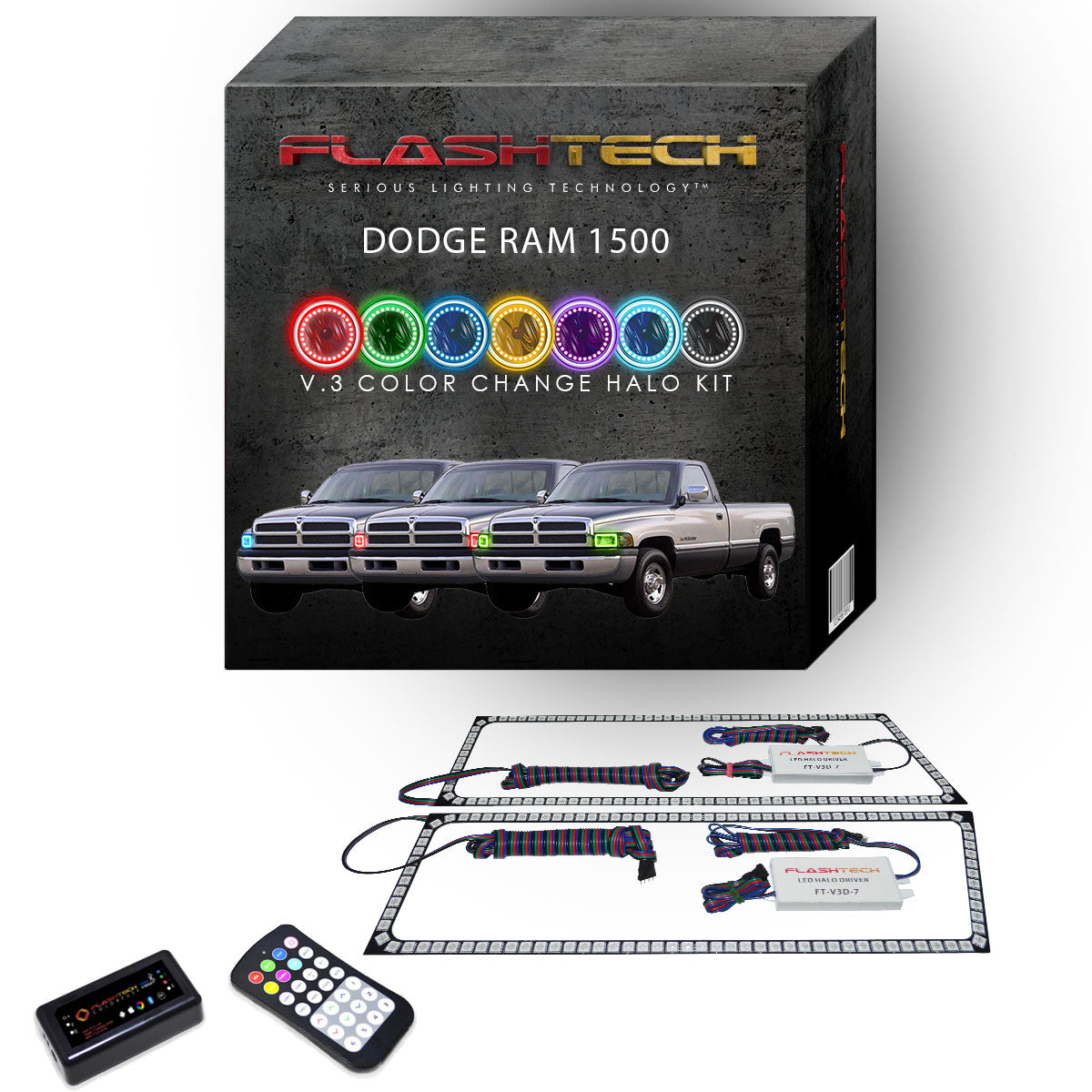 Dodge-Ram 1500-1994, 1995, 1996, 1997, 1998, 1999, 2000, 2001, 2002-LED-Halo-Headlights-RGB-RF Remote-DO-RM9402-V3HRF