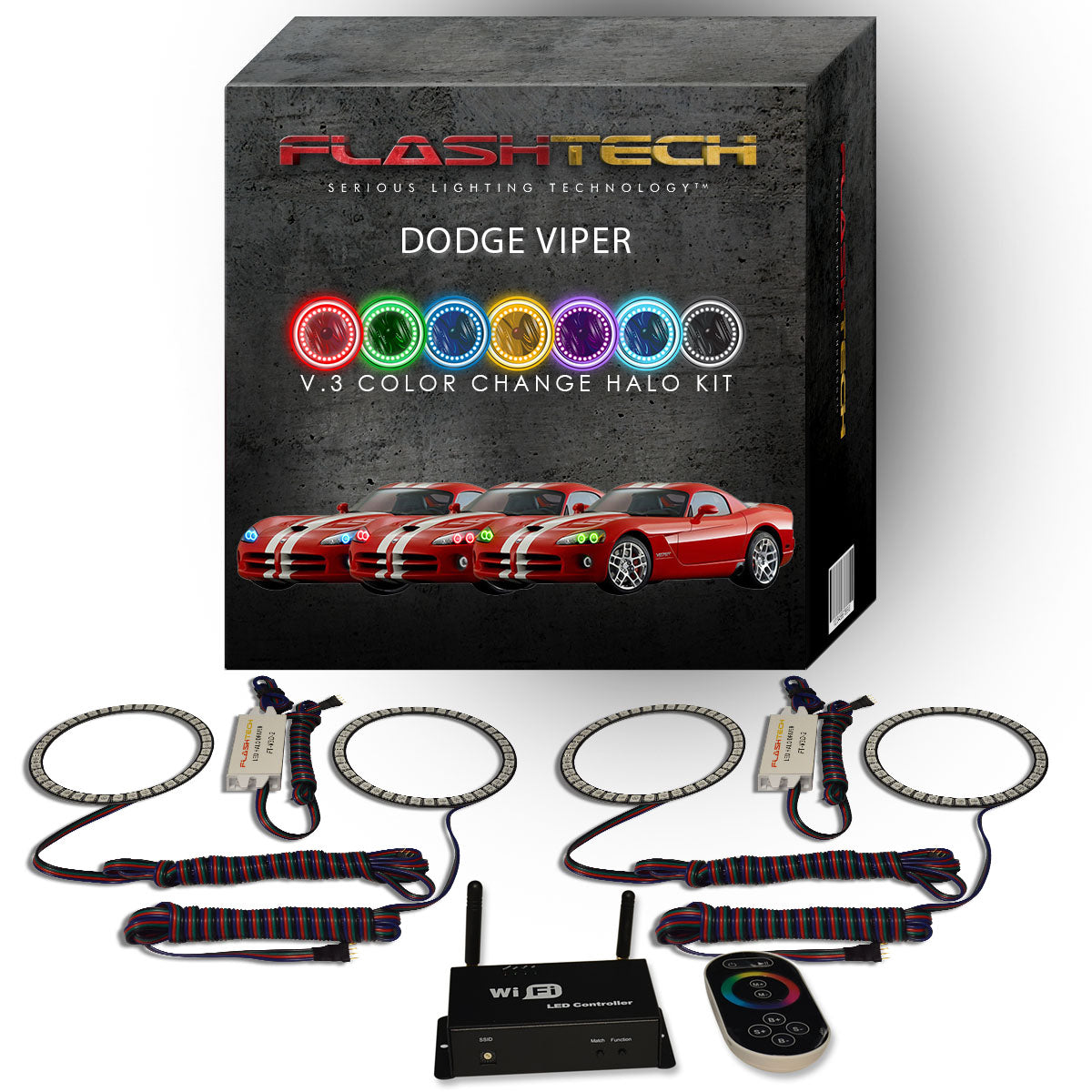 Dodge-Viper-2003, 2004, 2005, 2006, 2007, 2008, 2009, 2010-LED-Halo-Headlights-RGB-IR Remote-DO-VI0310-V3HIR