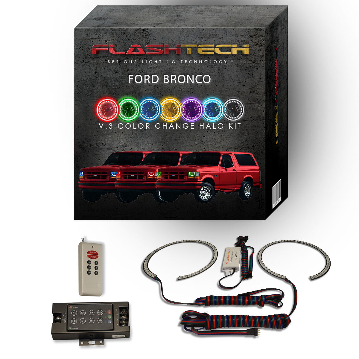 Ford-Bronco-1992, 1993, 1994, 1995, 1996-LED-Halo-Headlights-RGB-IR Remote-FO-BR9296-V3HIR