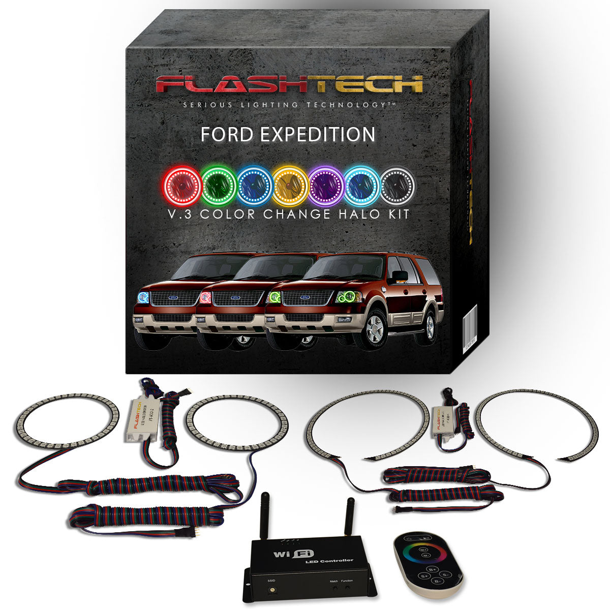 Ford-Expedition-2003, 2004, 2005, 2006-LED-Halo-Headlights-RGB-Bluetooth RF Remote-FO-EP0306-V3HBTRF