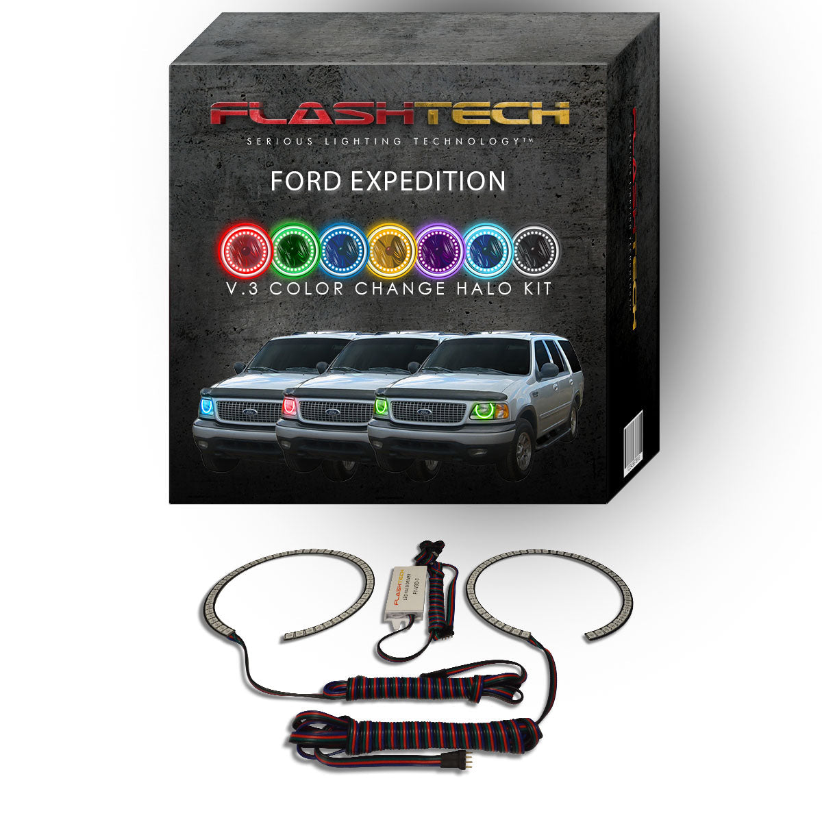 Ford-Expedition-1997, 1998, 1999, 2000, 2001, 2002-LED-Halo-Headlights-RGB-No Remote-FO-EP9702-V3H