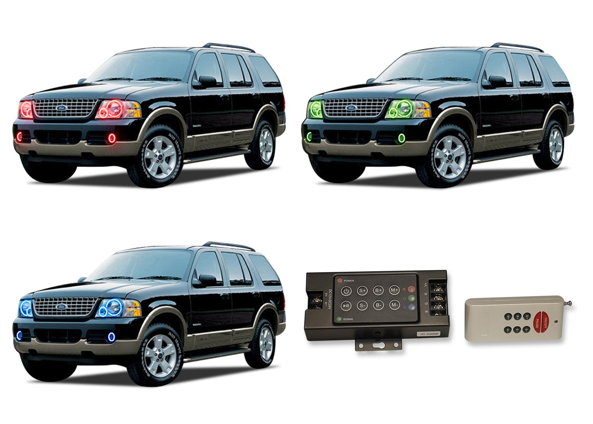 Ford-Explorer-2002, 2003, 2004, 2005-LED-Halo-Headlights and Fog Lights-RGB-RF Remote-FO-EX0205-V3HFRF