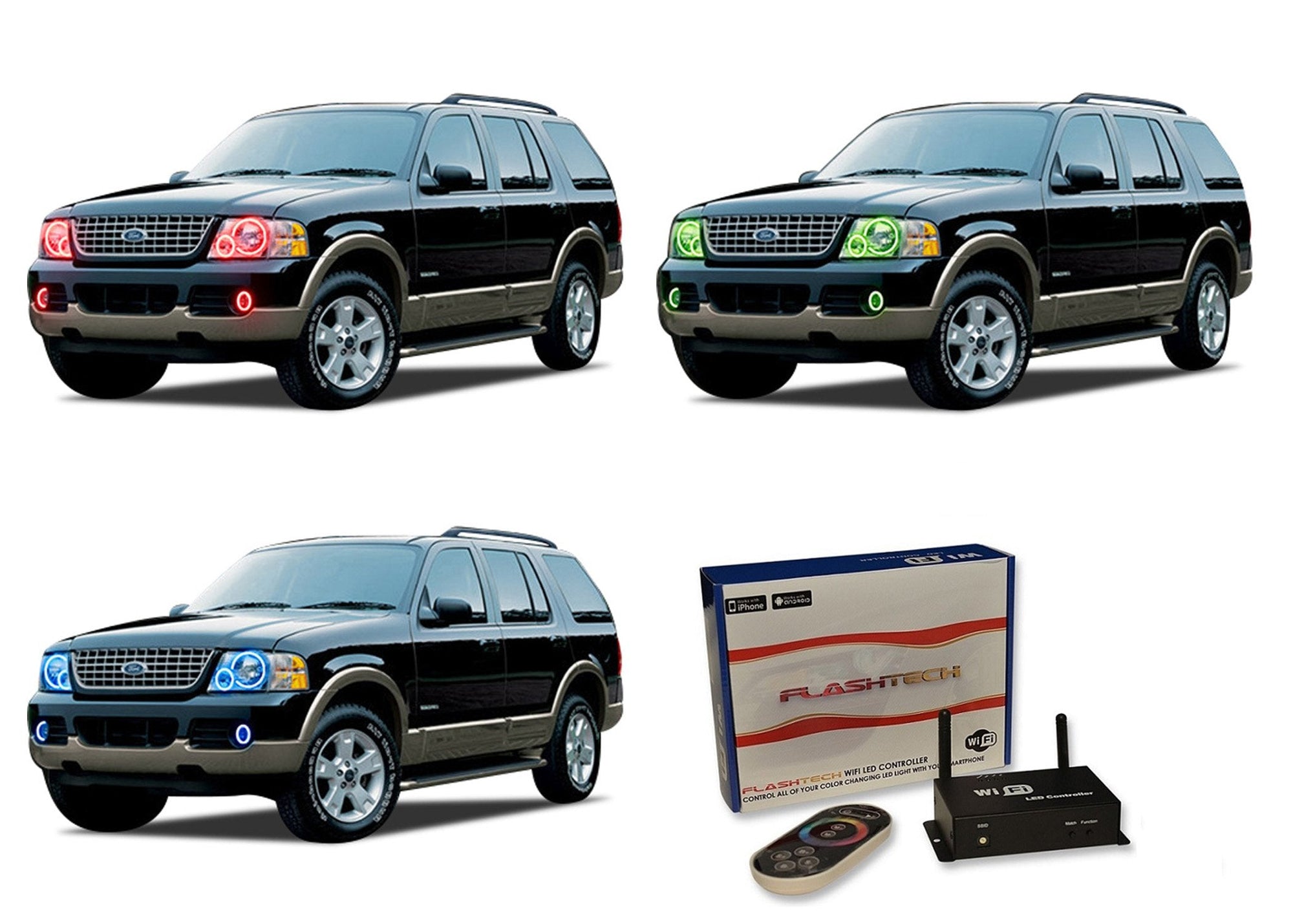 Ford-Explorer-2002, 2003, 2004, 2005-LED-Halo-Headlights and Fog Lights-RGB-WiFi Remote-FO-EX0205-V3HFWI