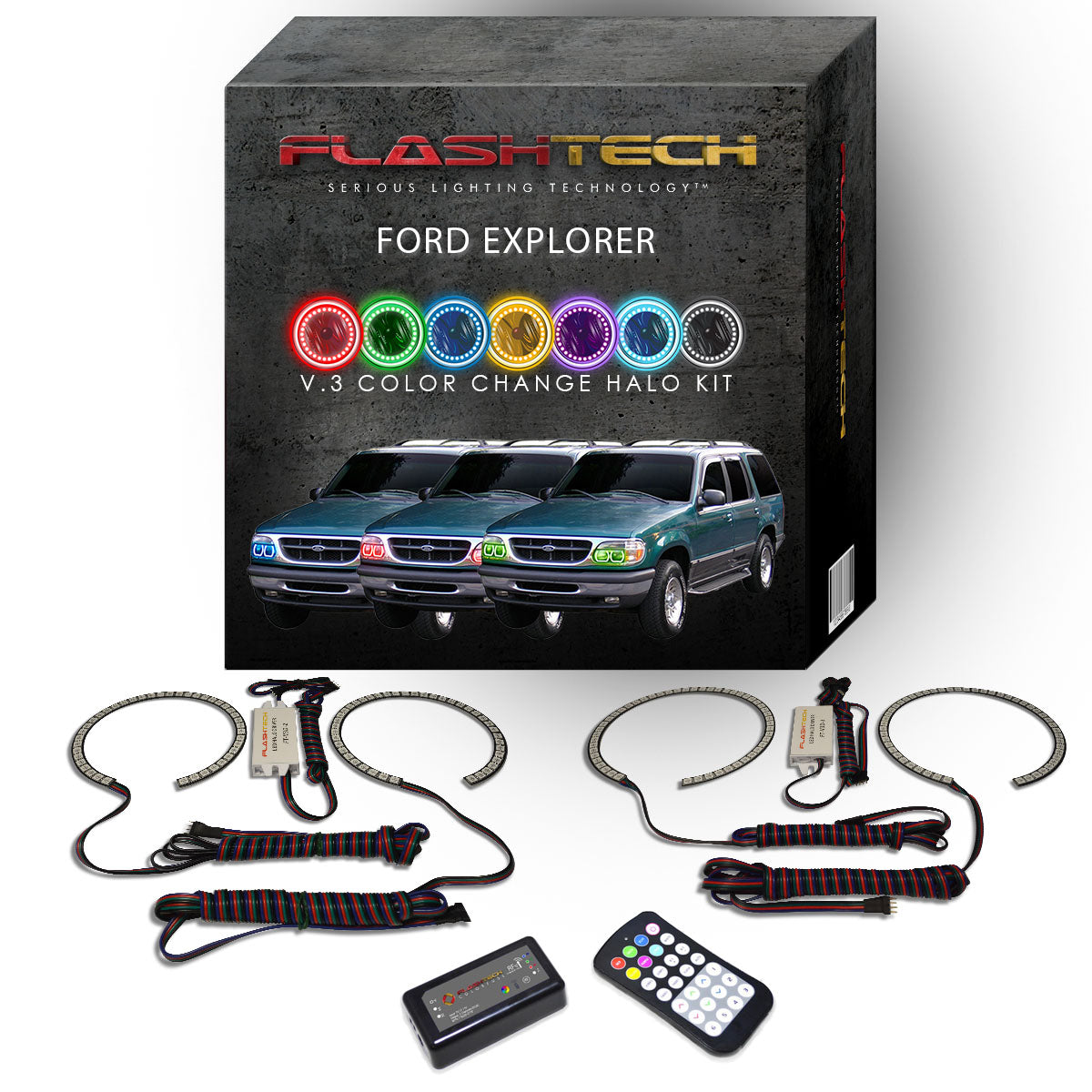 Ford-Explorer-1995, 1996, 1997, 1998, 1999, 2000, 2001-LED-Halo-Headlights-RGB-RF Remote-FO-EX9501-V3HRF