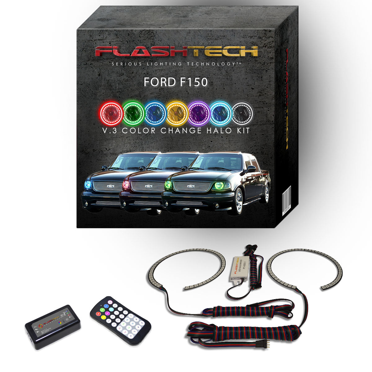 Ford-F150-1997, 1998, 1999, 2000, 2001, 2002, 2003-LED-Halo-Headlights-RGB-RF Remote-FO-F19703-V3HRF
