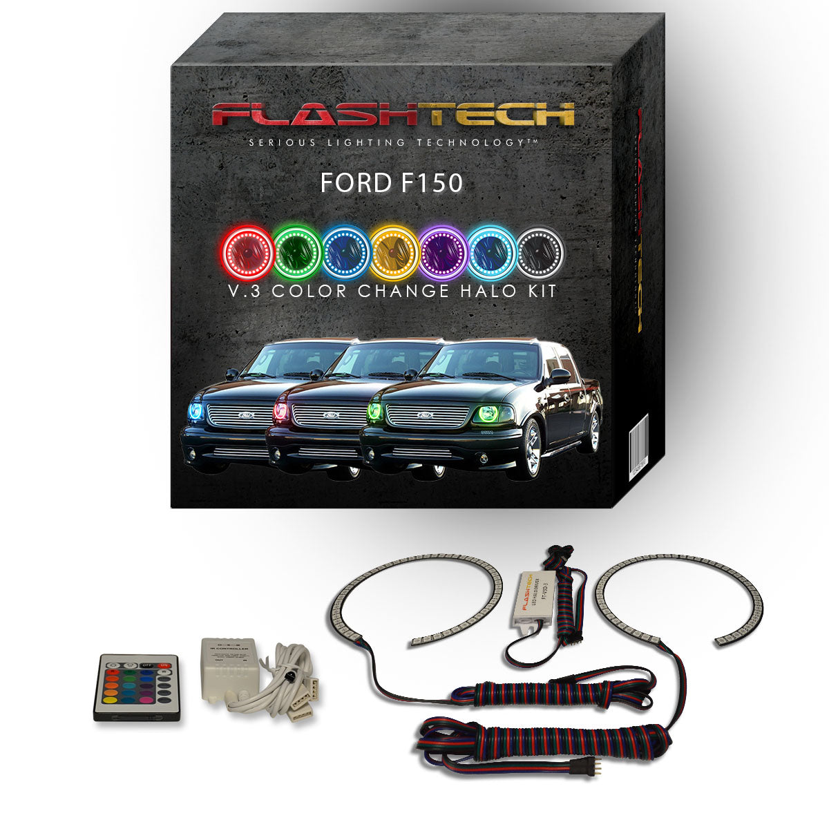 Ford-F150-1997, 1998, 1999, 2000, 2001, 2002, 2003-LED-Halo-Headlights-RGB-Bluetooth RF Remote-FO-F19703-V3HBTRF