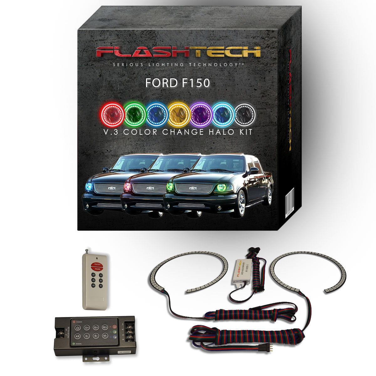 Ford-F150-1997, 1998, 1999, 2000, 2001, 2002, 2003-LED-Halo-Headlights-RGB-IR Remote-FO-F19703-V3HIR
