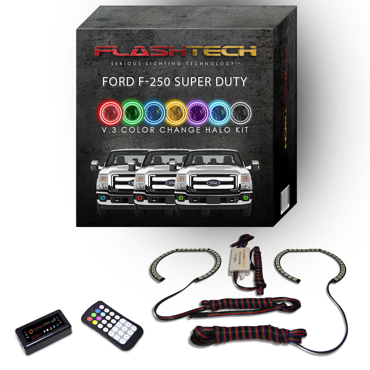 Ford-F-250 Super Duty-2011, 2012, 2013, 2014, 2015-LED-Halo-Fog Lights-RGB-Bluetooth RF Remote-FO-F201115-V3FBTRF