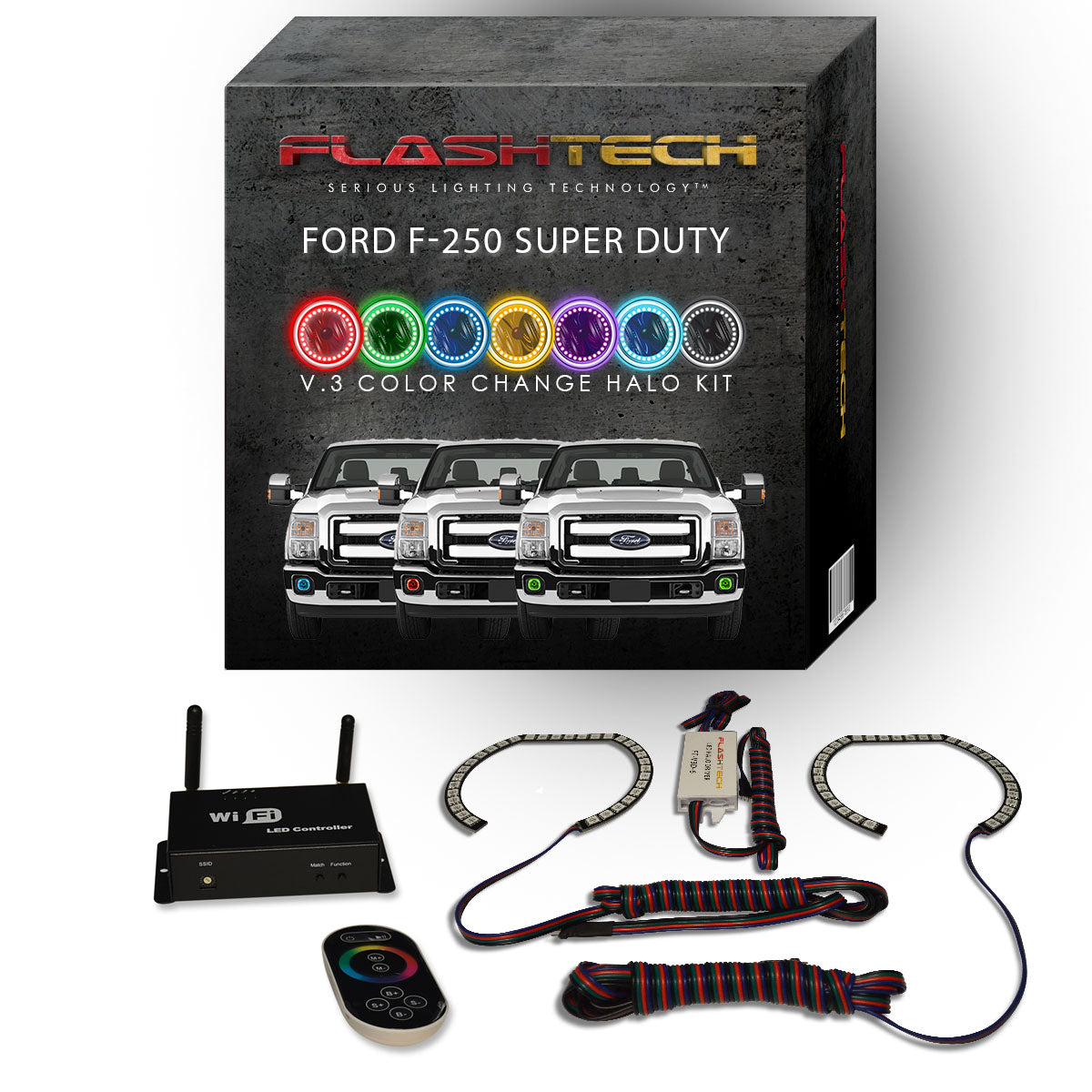 Ford-F-250 Super Duty-2011, 2012, 2013, 2014, 2015-LED-Halo-Fog Lights-RGB-Bluetooth RF Remote-FO-F201115-V3FBTRF