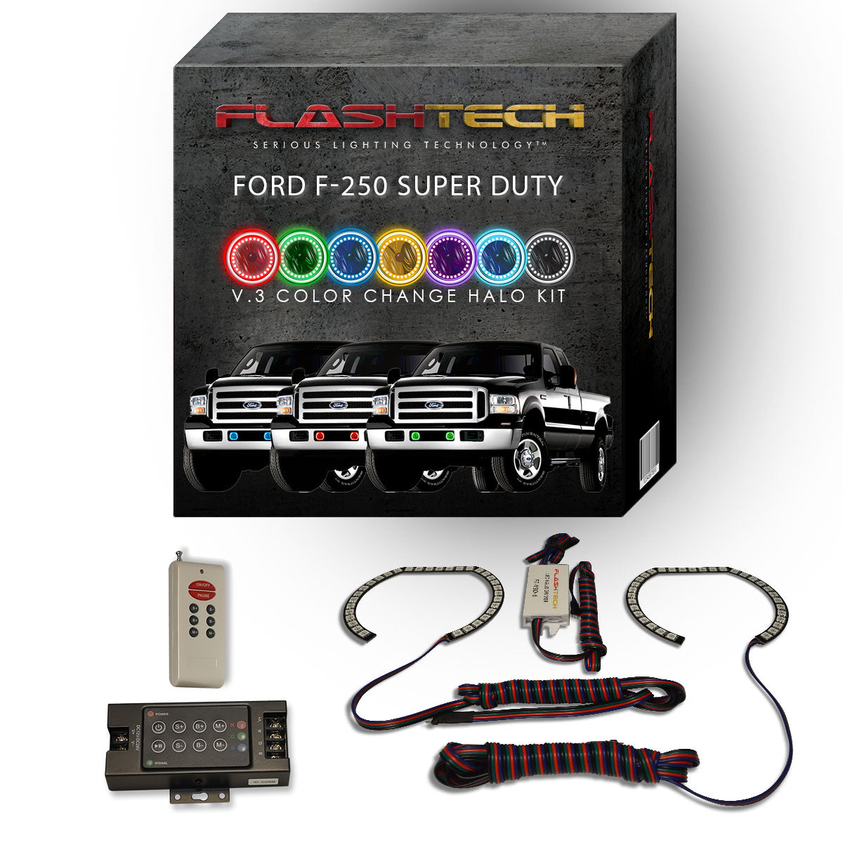 Ford-F-250 Super Duty-2005, 2006, 2007-LED-Halo-Fog Lights-RGB-Bluetooth RF Remote-FO-F20507-V3FBTRF