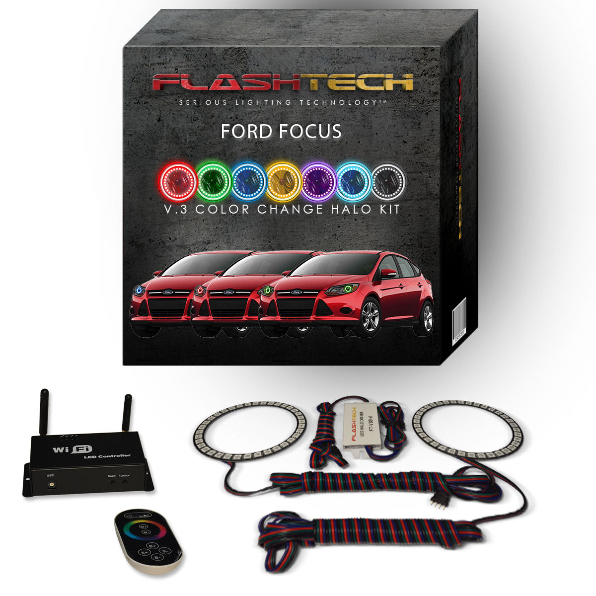 Ford-Focus-2012, 2013, 2014, 2015-LED-Halo-Headlights-RGB-IR Remote-FO-FC1215-V3HIR