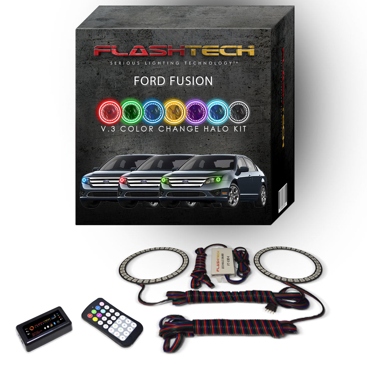 Ford-Fusion-2010, 2011, 2012-LED-Halo-Headlights-RGB-RF Remote-FO-FU1012-V3HRF