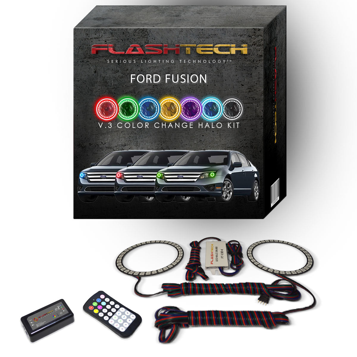 Ford-Fusion-2010, 2011, 2012-LED-Halo-Headlights-RGB-RF Remote-FO-FU1012-V3HRF