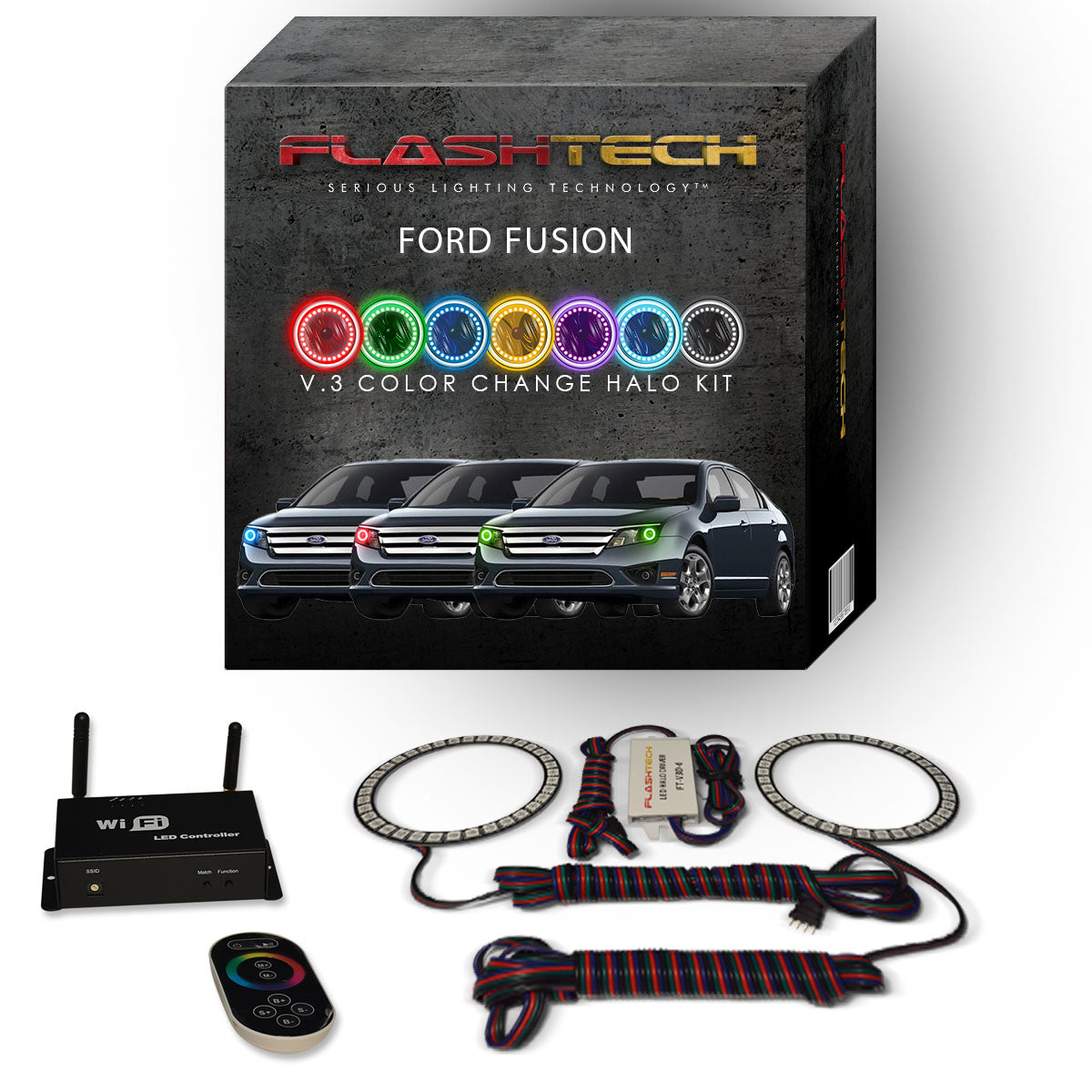 Ford-Fusion-2010, 2011, 2012-LED-Halo-Headlights-RGB-IR Remote-FO-FU1012-V3HIR
