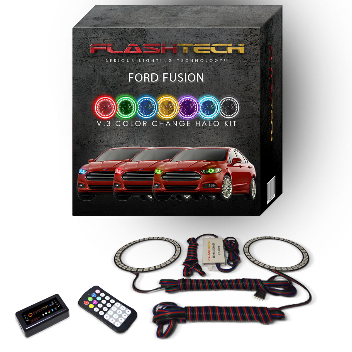 Ford-Fusion-2013, 2014, 2015, 2016-LED-Halo-Headlights-RGB-RF Remote-FO-FU1316-V3HRF